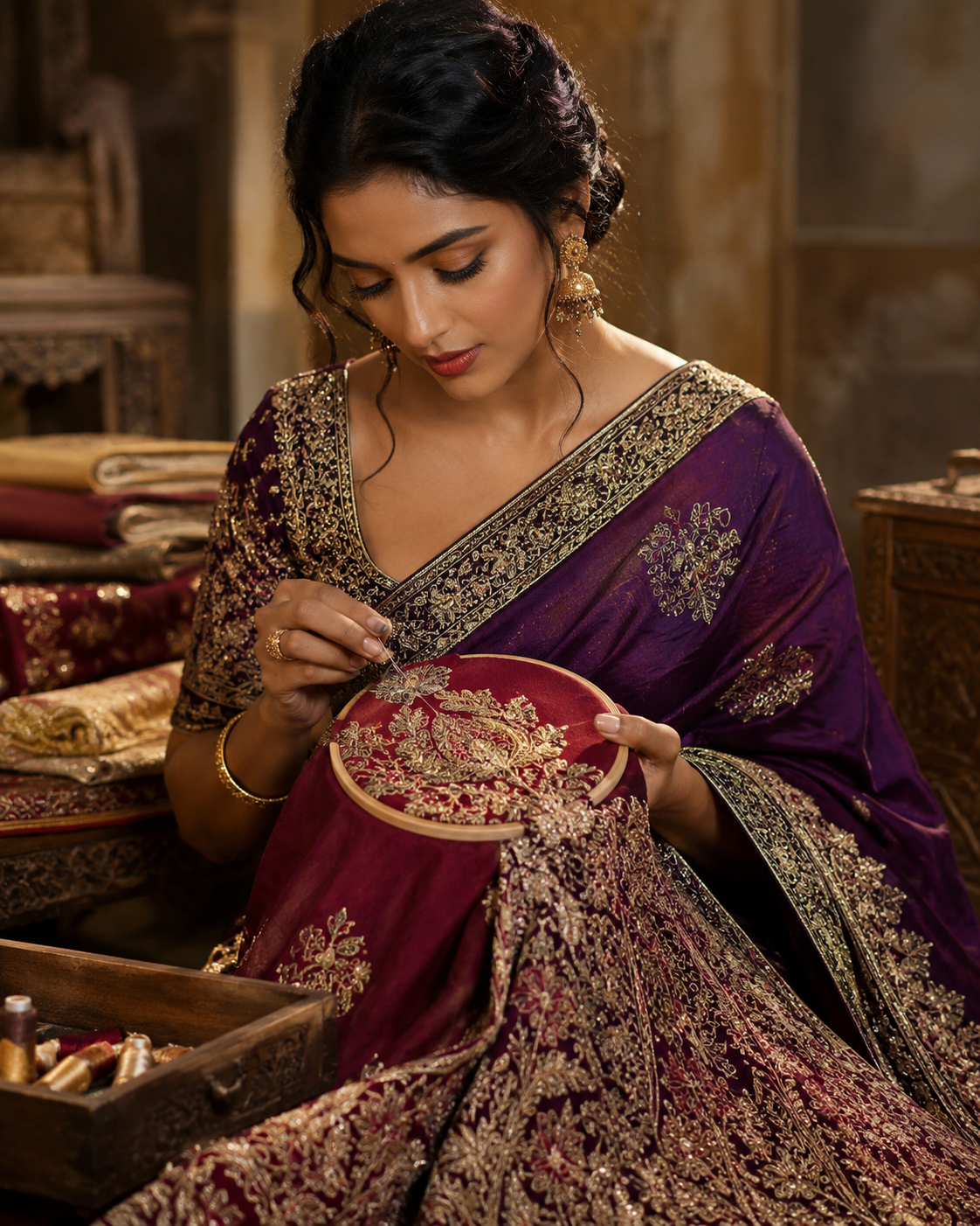 Close-up of hand embroidery on silk