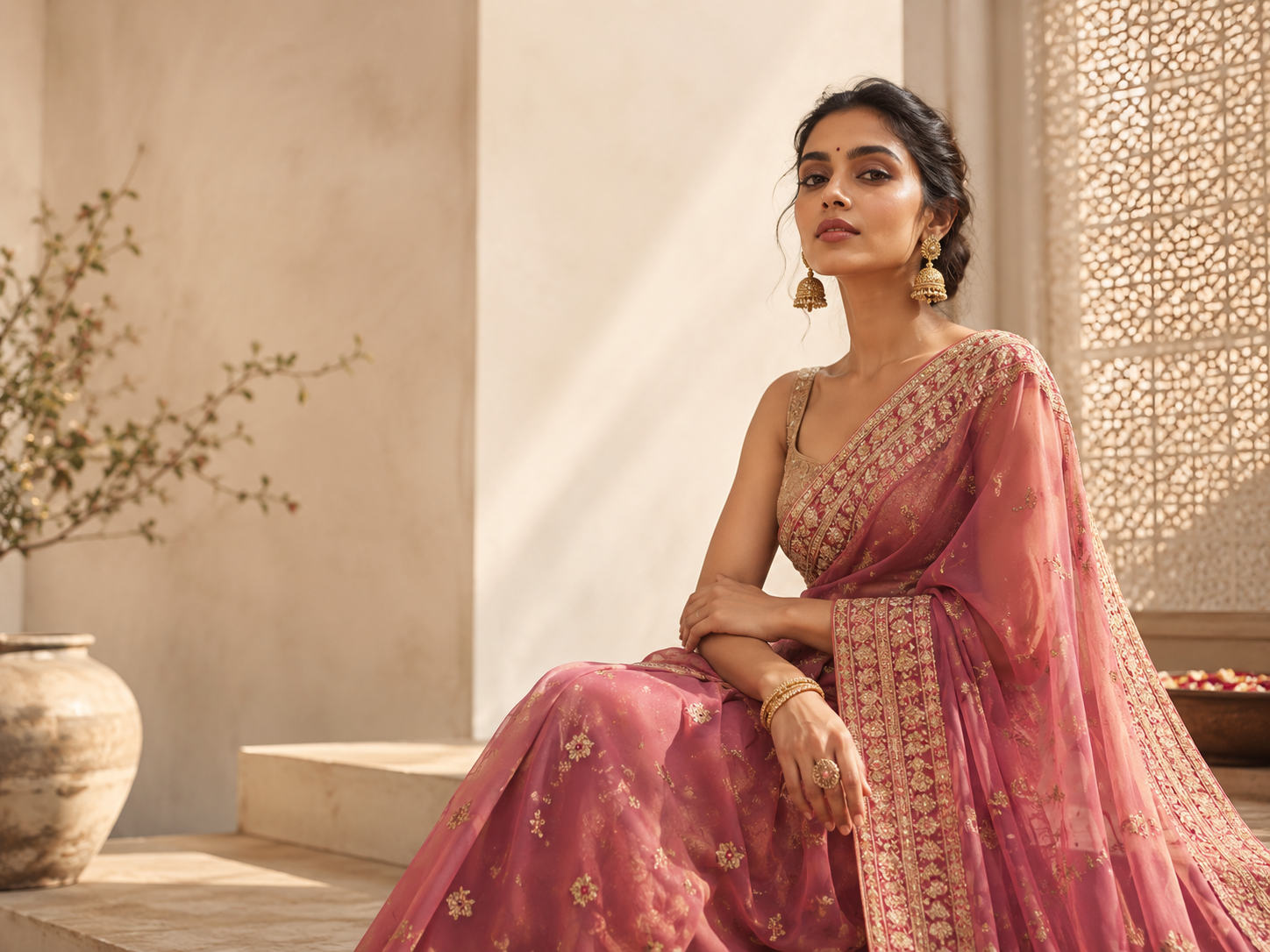 A draped saree in warm natural light, photographed on a muted studio backdrop