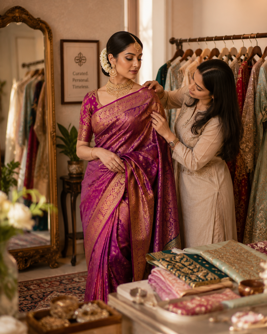 A styling consultation in warm ambient light