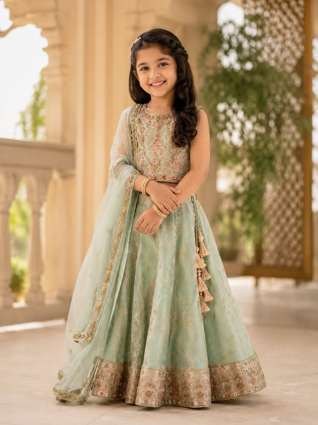 Young girl wearing a pastel embroidered lehenga with dupatta in an elegant festive setting.
