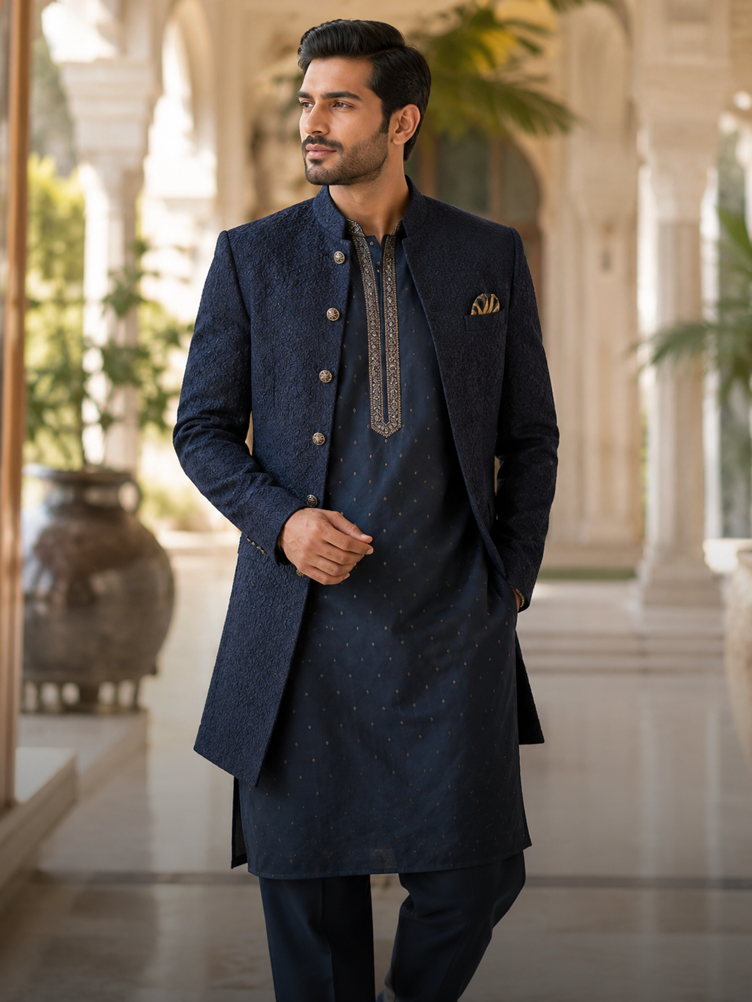 South Asian male model wearing a navy embroidered kurta and jacket in an elegant palace-style setting.
