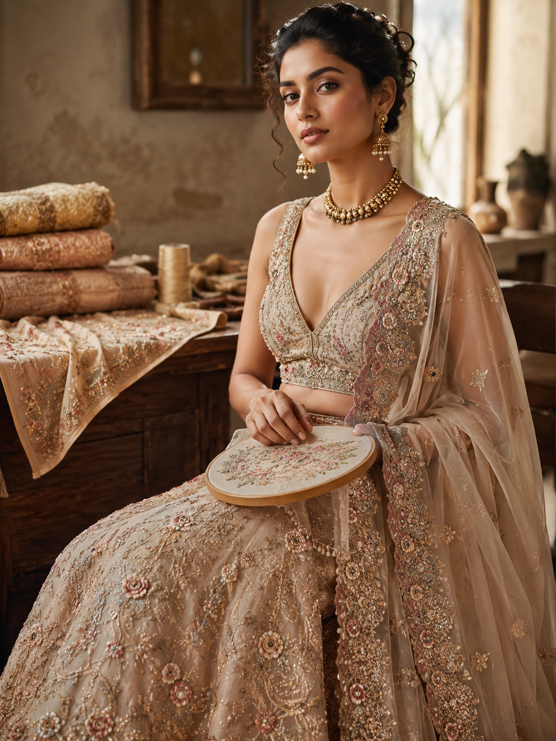 Hand embroidery in progress at the Sakthi atelier