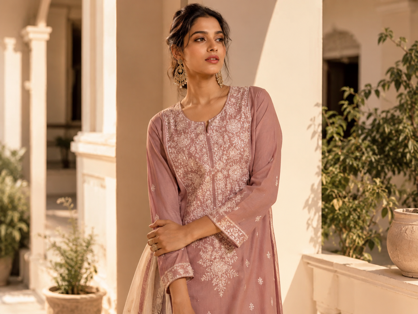 Festive saree styled in warm afternoon light