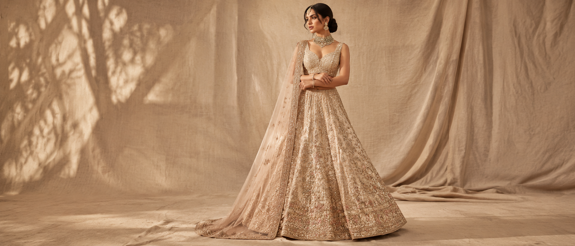 Lehenga set photographed against linen