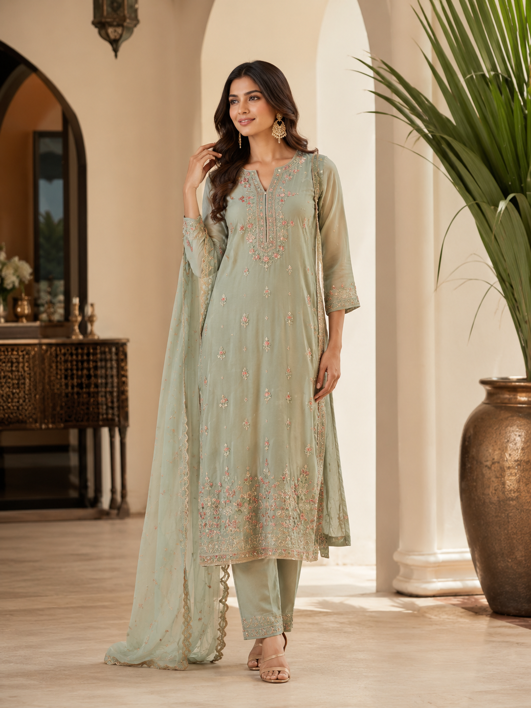Woman wearing a sage green embroidered kurthi set with dupatta in an elegant indoor setting.