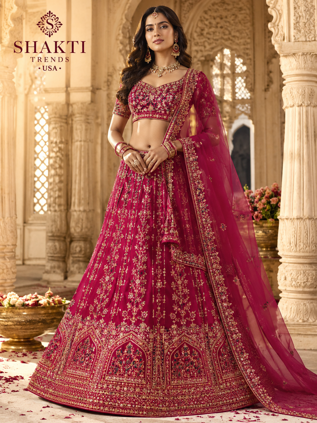 South Asian woman wearing a bright magenta embroidered lehenga with gold detailing and sheer dupatta in an ornate palace setting.