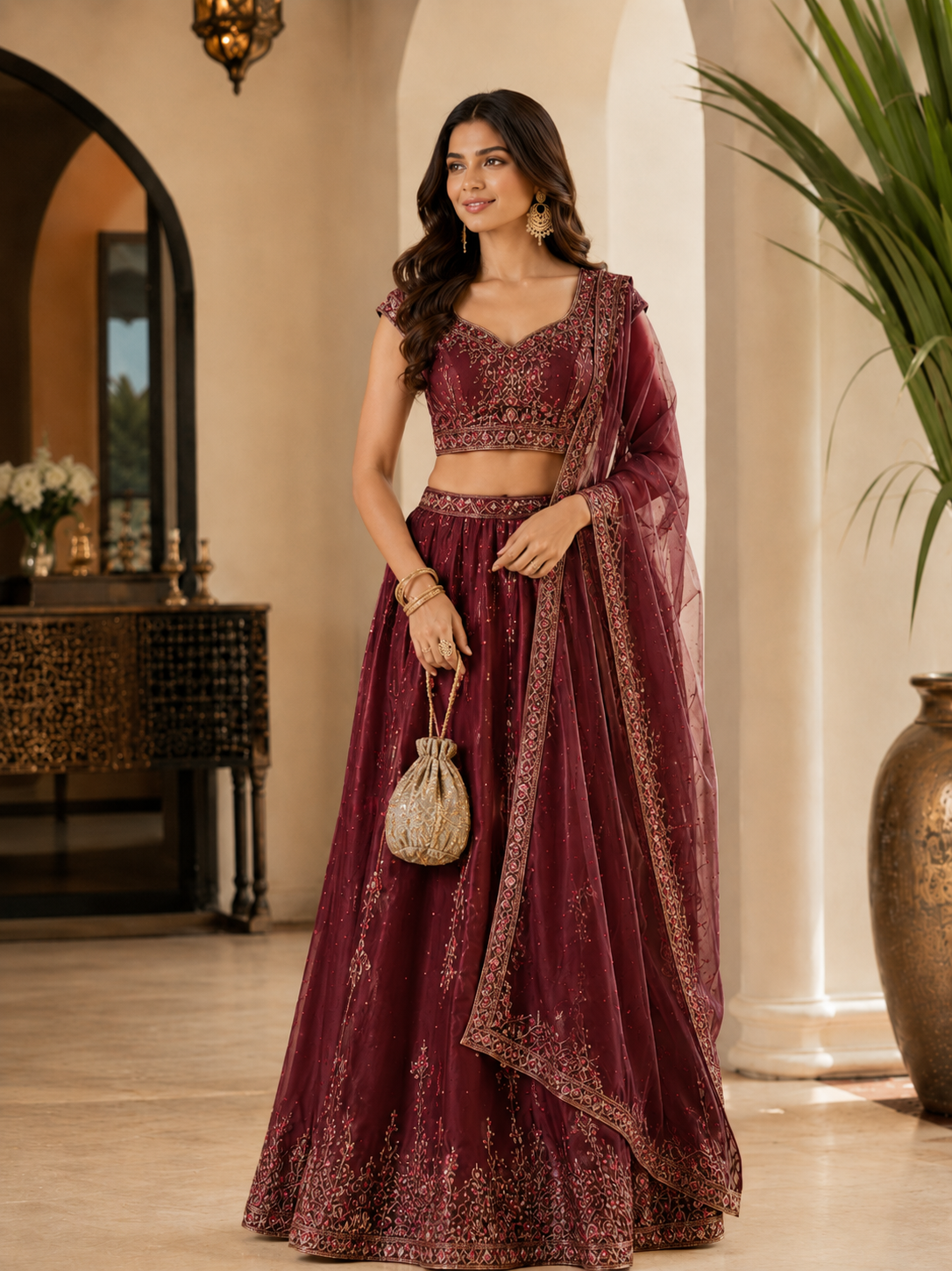 Woman in a maroon embroidered salwar suit with matching dupatta in a luxurious courtyard-style setting.